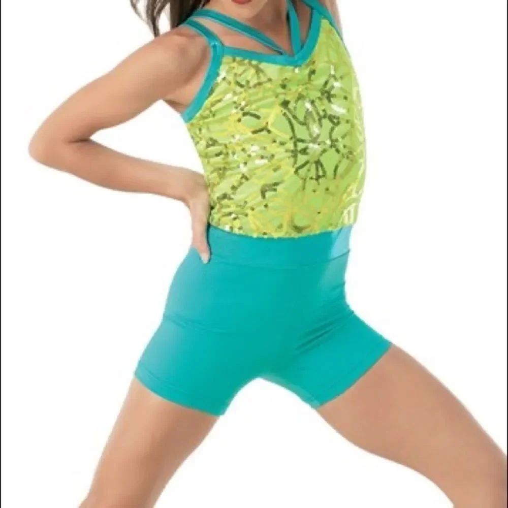 Weissman Dance BIG GIRL NOW 10674 Kelly green teal sequin biketard Adult med MA
